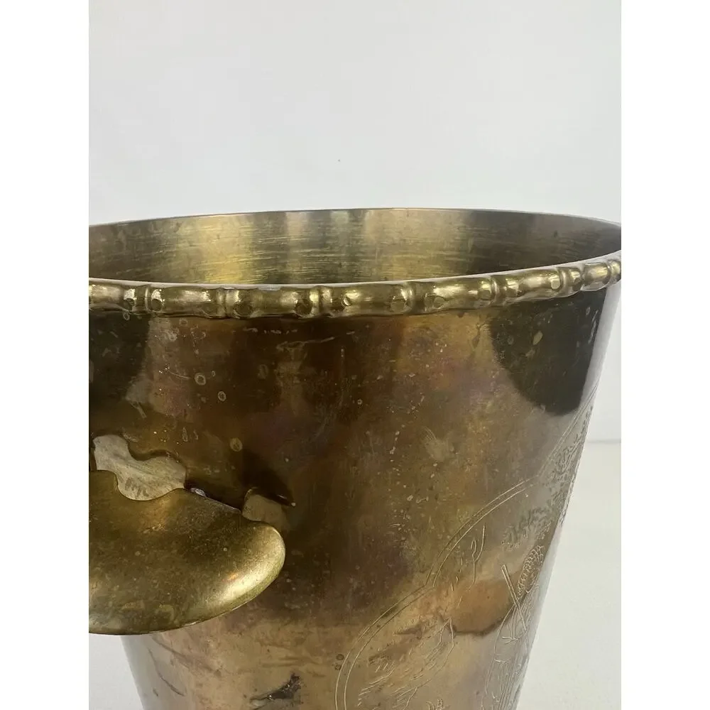 Vintage Brass Ice Bucket Wine Cooler Engraved Etched Planter Asian Scenic Handle
